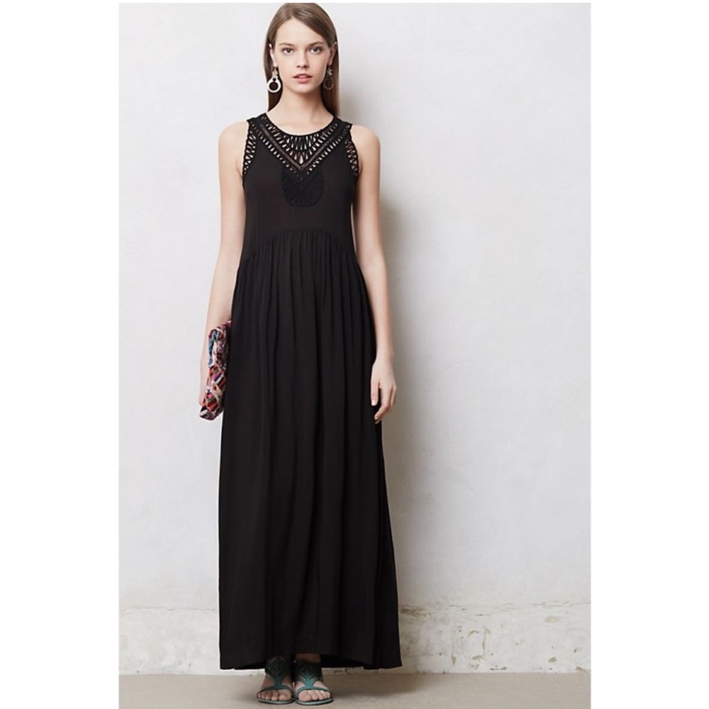 Anthropologie mermaid macrame maxi dress black crochet‎ trim small Boho rayon